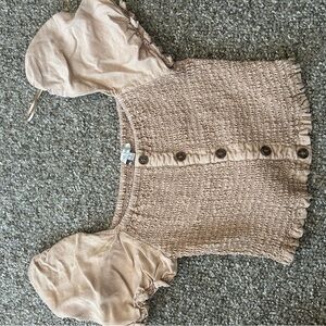 Love Tree Beige Smocked Button-Up Blouse